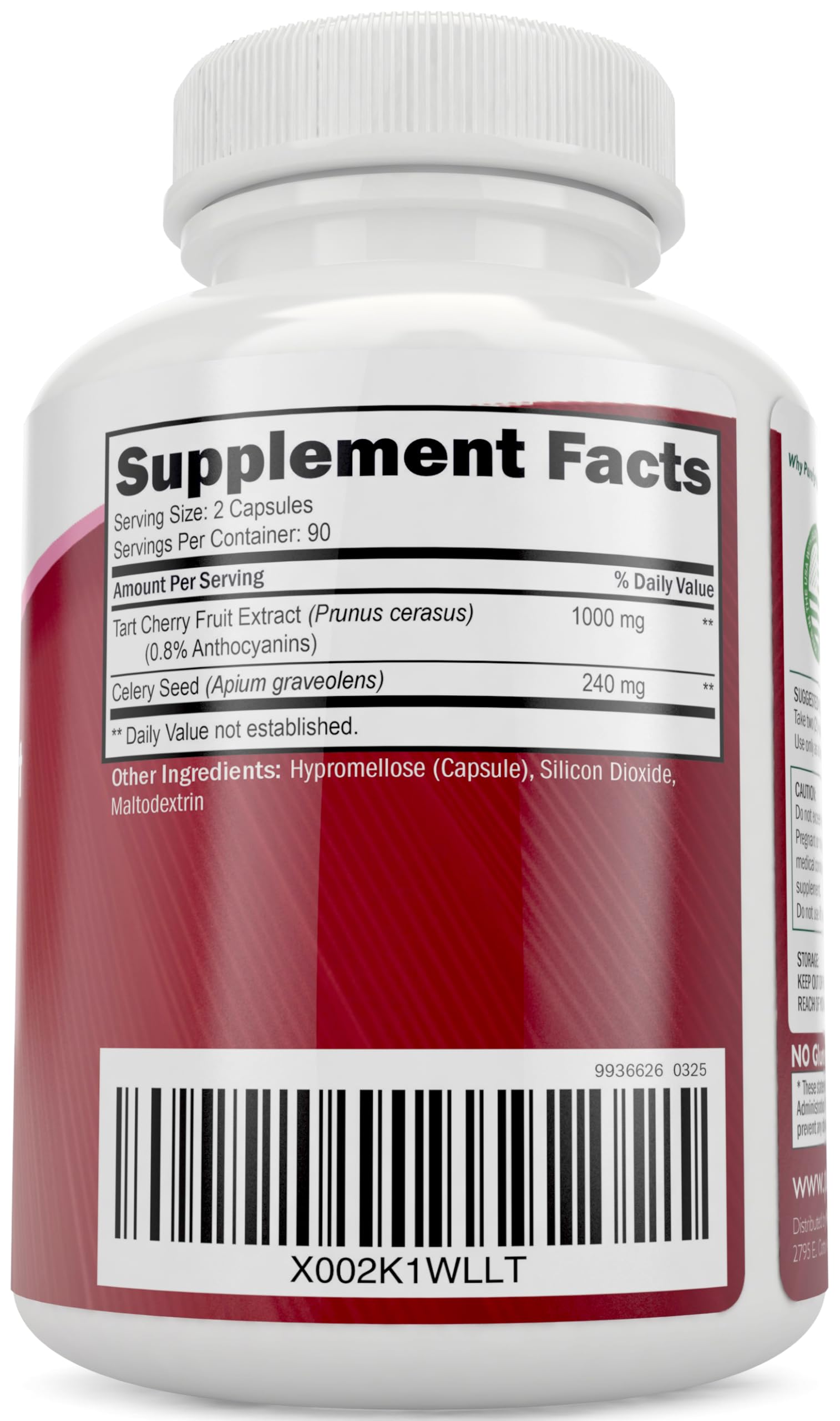 Close-up of Purely Holistic Tart Cherry Extract capsules highlighting convenient 2-a-day dose.
