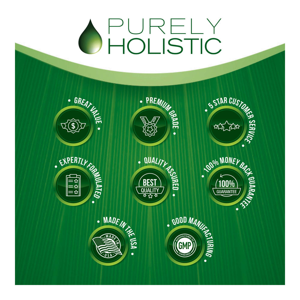 Illustration of tart cherry ingredients like anthocyanins and quercetin with Purely Holistic branding.