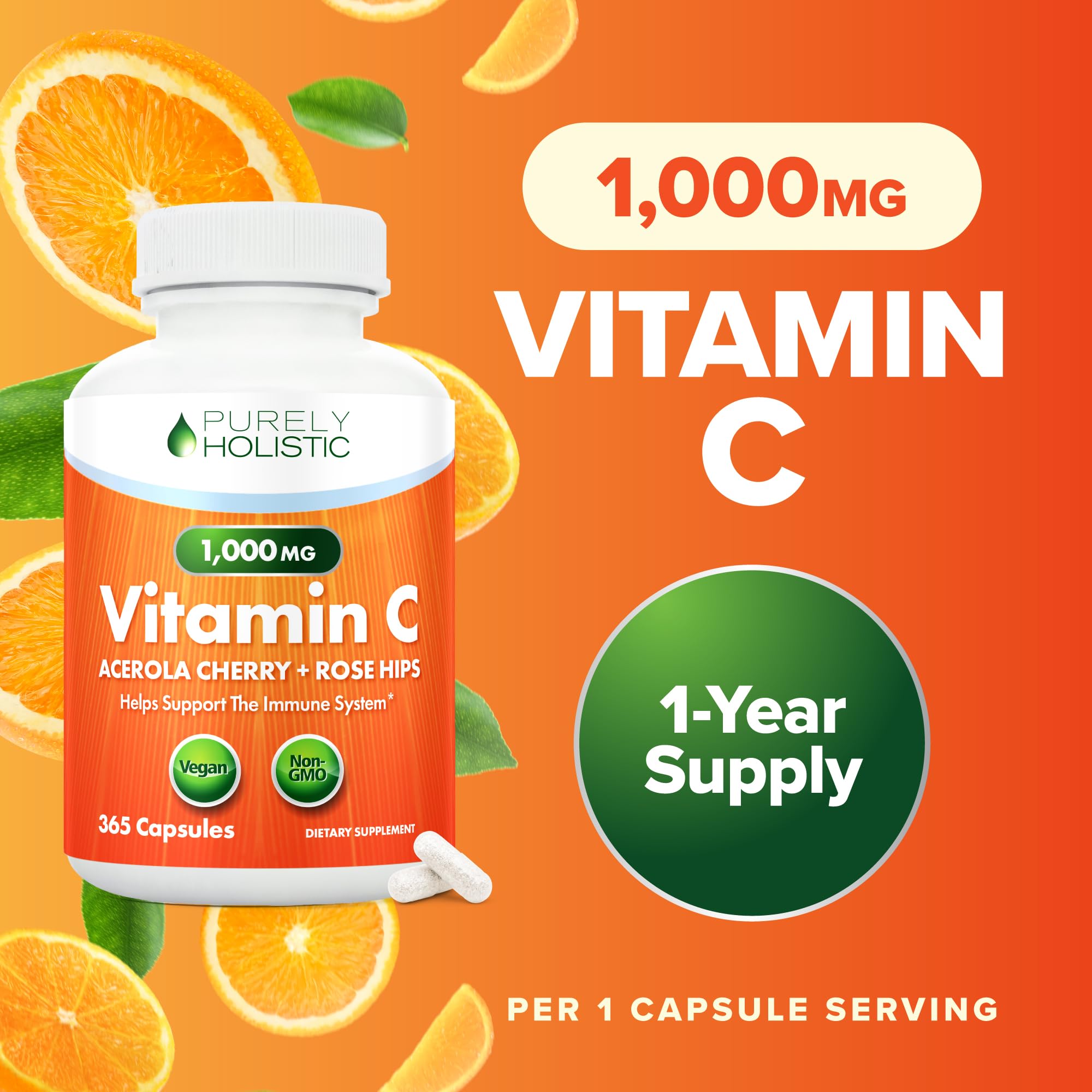 Purely Holistic timed-release capsules provide steady vitamin C release.
