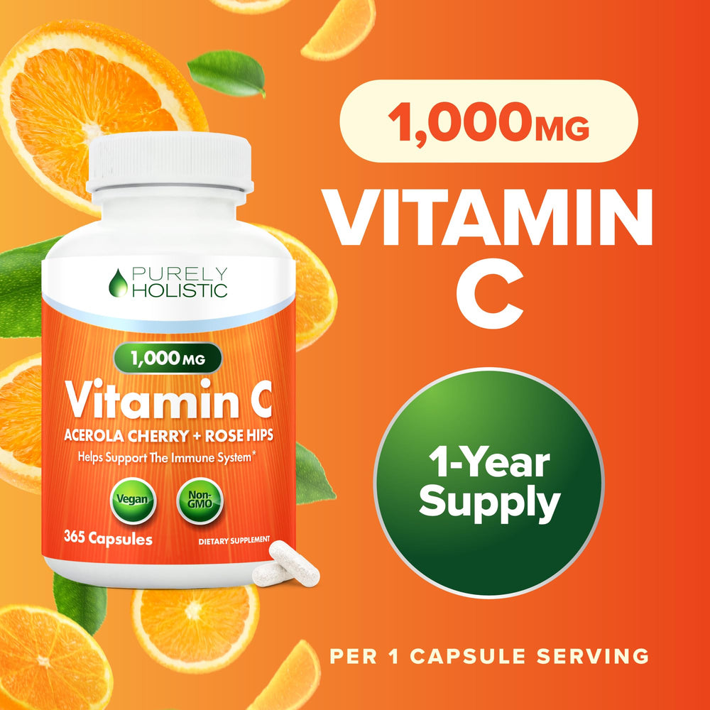 Purely Holistic timed-release capsules provide steady vitamin C release.