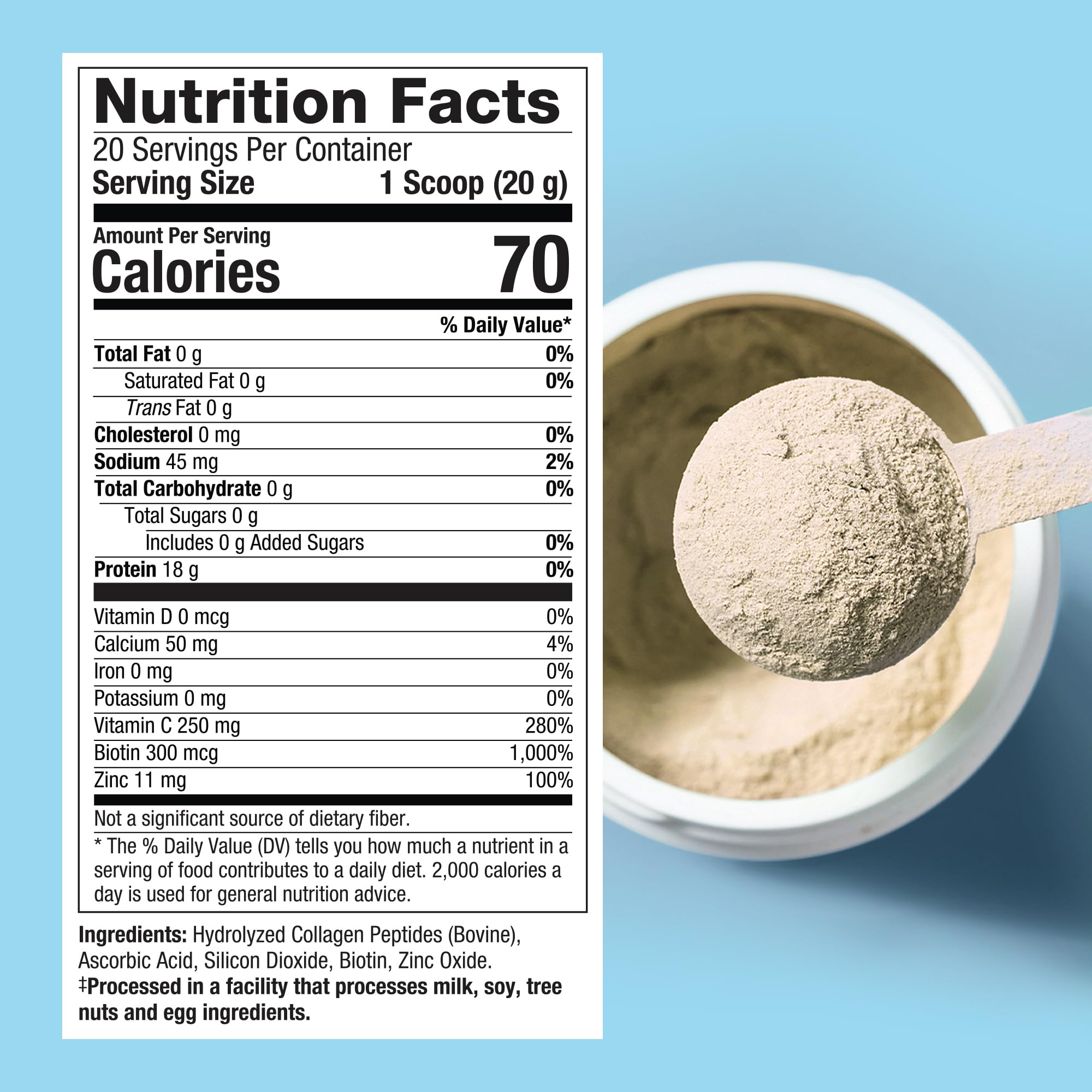 Packaging highlights 20 servings per container and sugar-free formula.