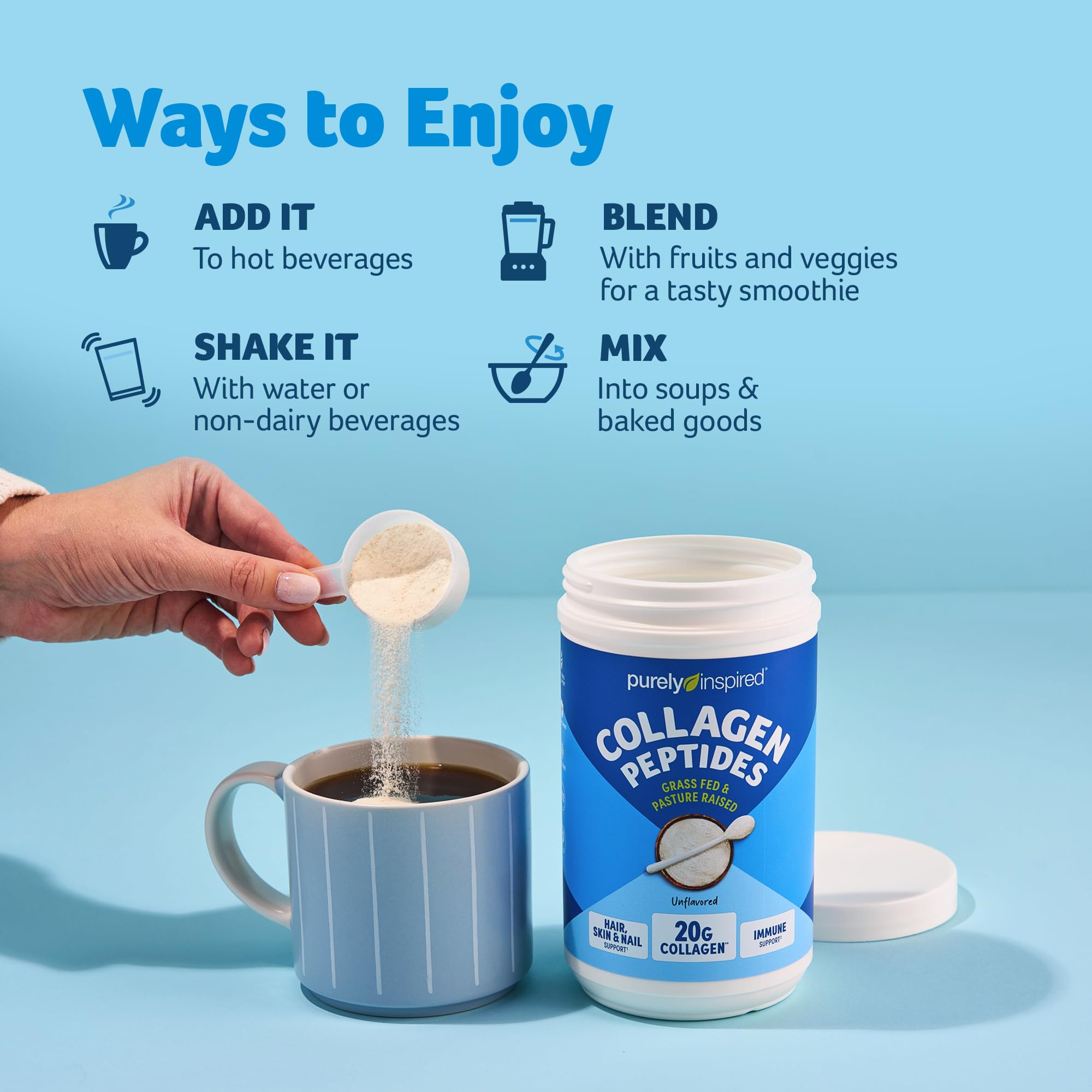 Nutrition label shows 20g collagen per serving and 18g protein.