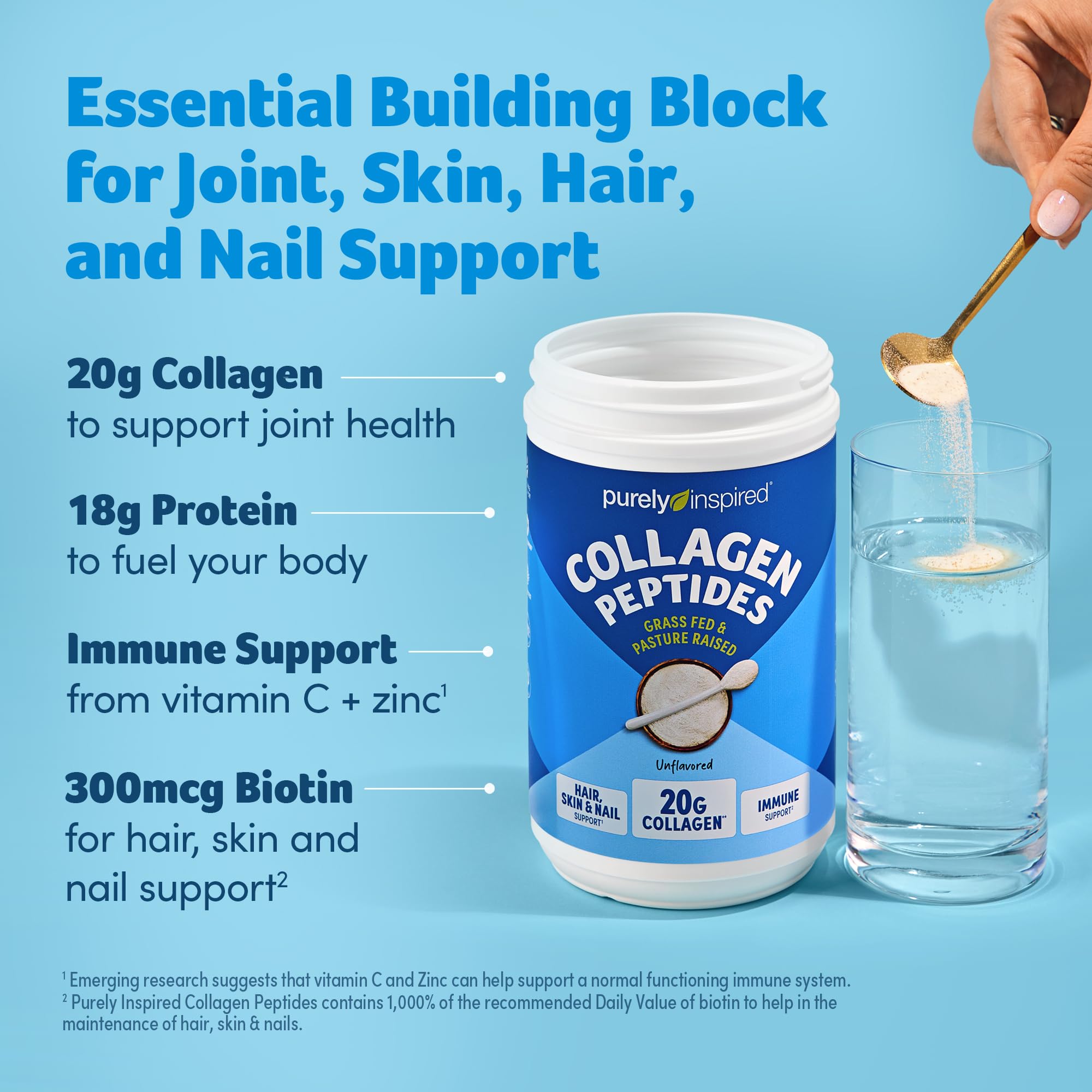 Pouring Purely Inspired collagen powder into coffee for easy mixing.