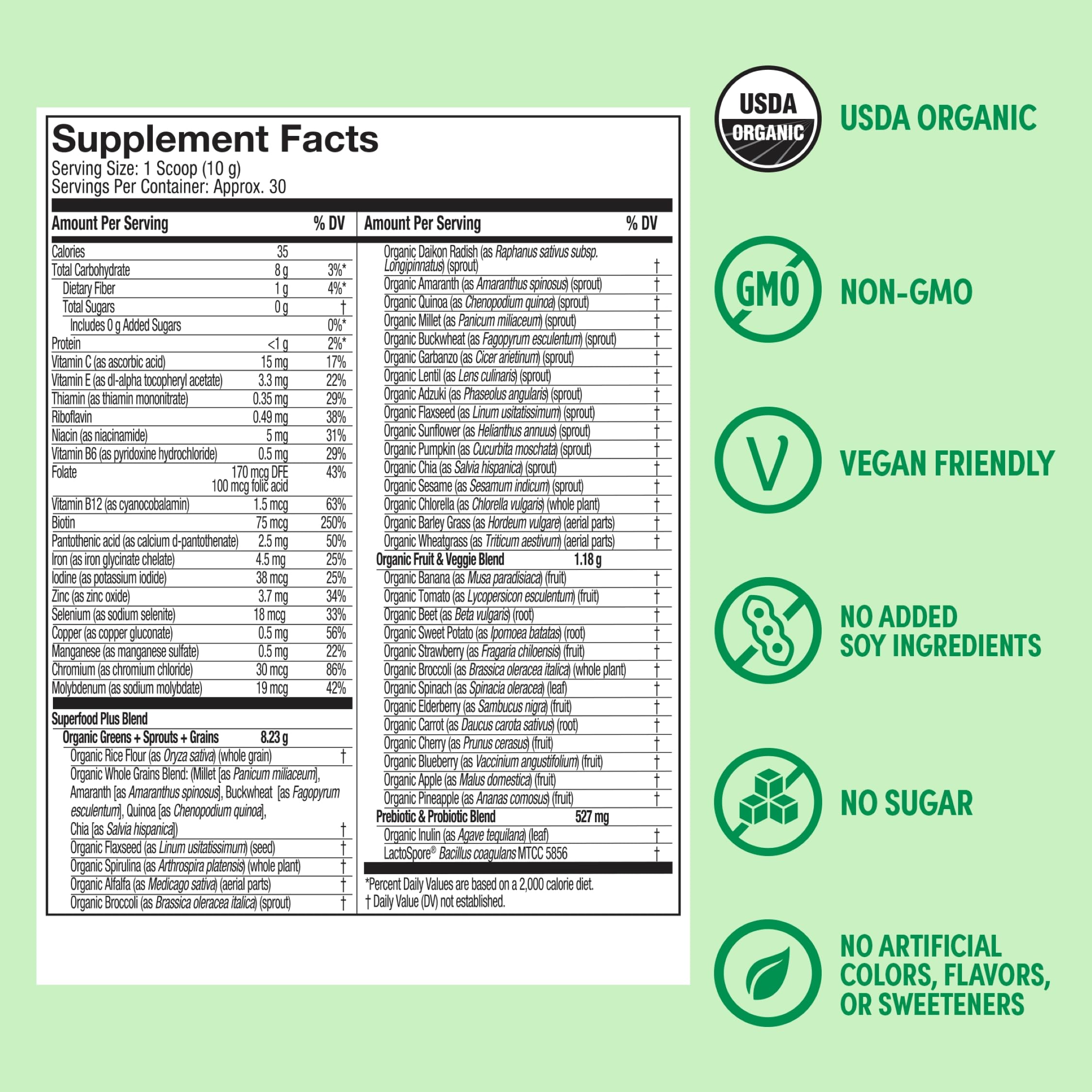 Purely Inspired Organic Greens ingredients spread highlights 39 superfoods and probiotics.