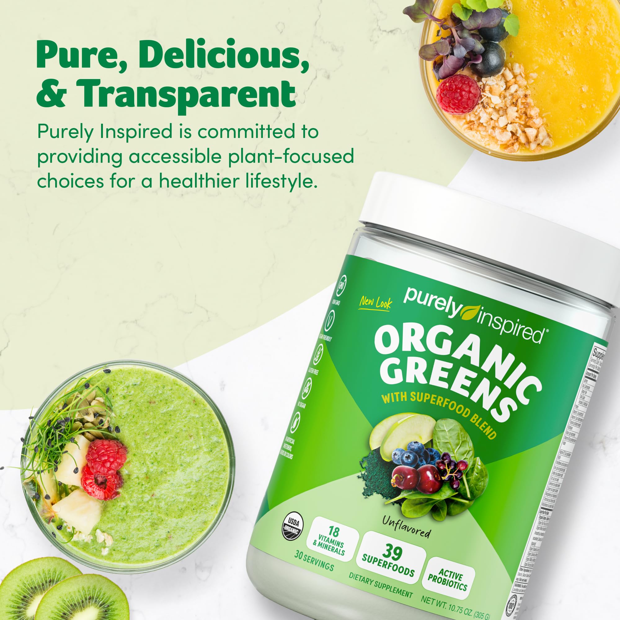 Purely Inspired Organic Greens lifestyle image suggests on-the-go wellness routine.