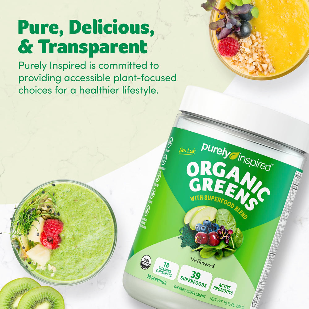 Purely Inspired Organic Greens lifestyle image suggests on-the-go wellness routine.