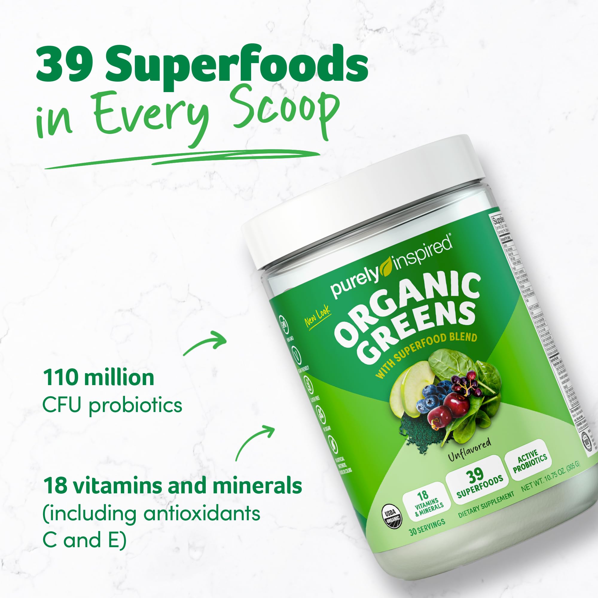 Purely Inspired Organic Greens scoop ready for quick smoothies and shakes.