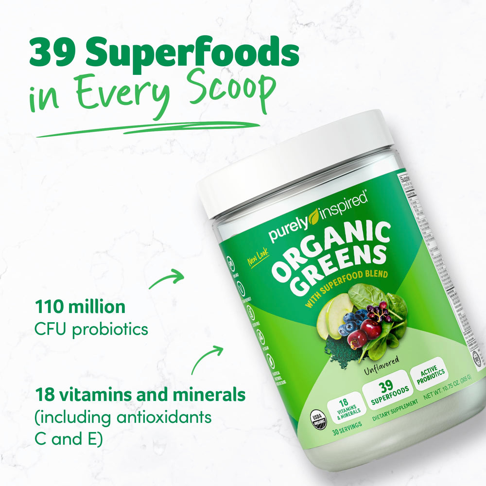 Purely Inspired Organic Greens scoop ready for quick smoothies and shakes.