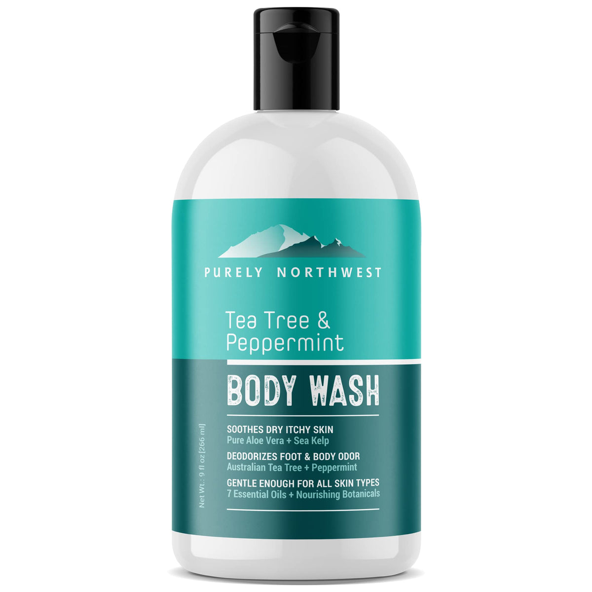 Purely Northwest Tea Tree Body Wash bottle closeup highlights refreshing cleanse for daily use.