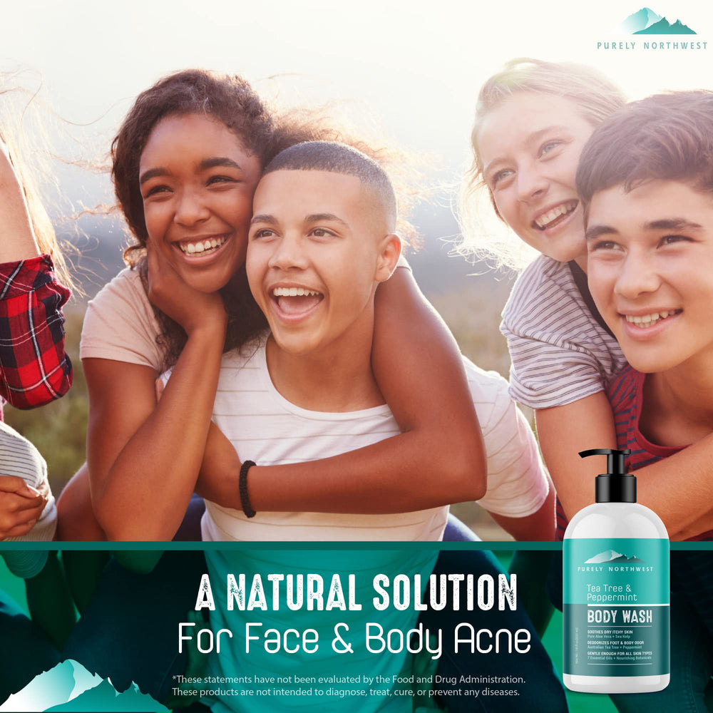 Purely Northwest Tea Tree Body Wash eucalyptus oil badge signals balance and aroma.