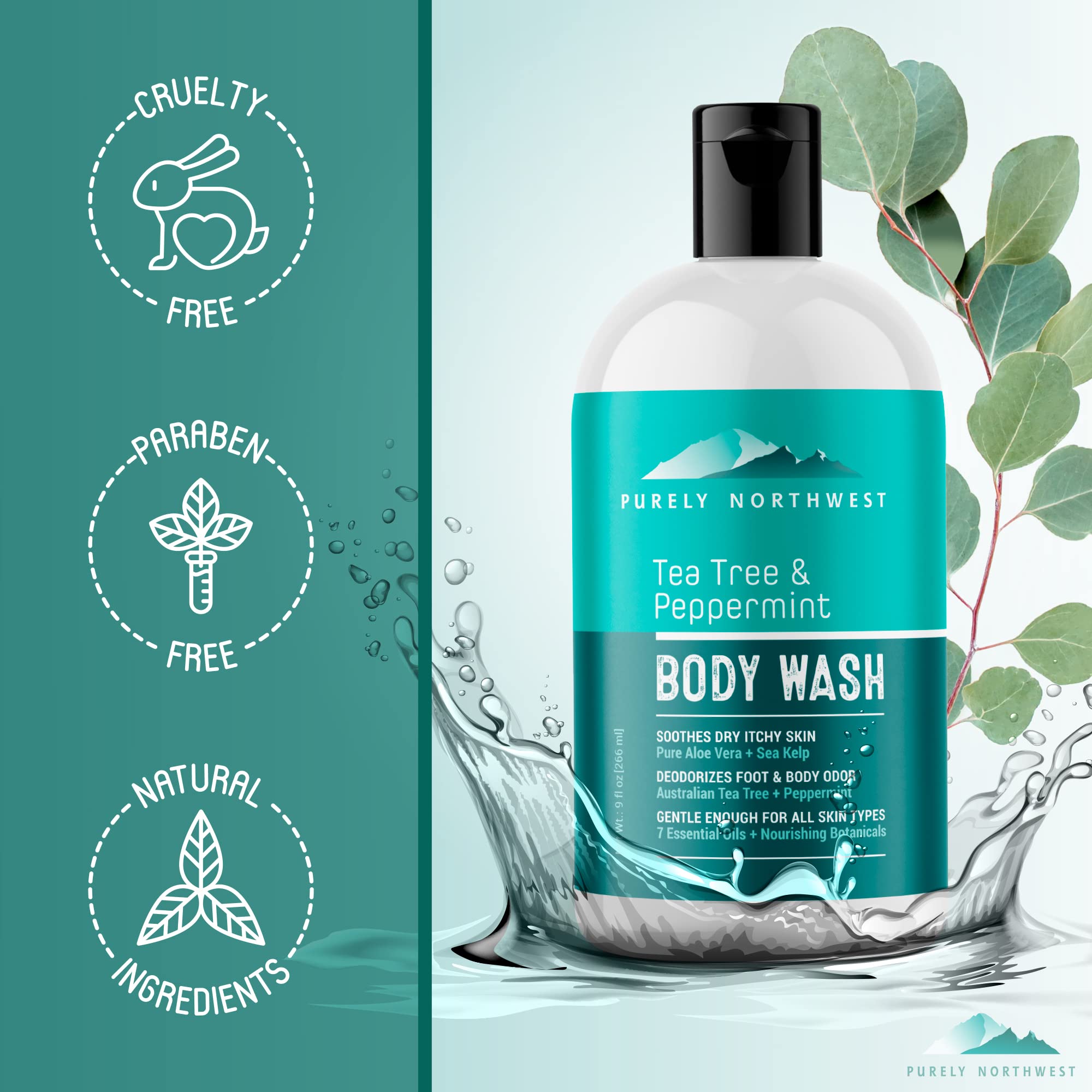 Purely Northwest Tea Tree Body Wash packaging on shelf evokes daily ritual.