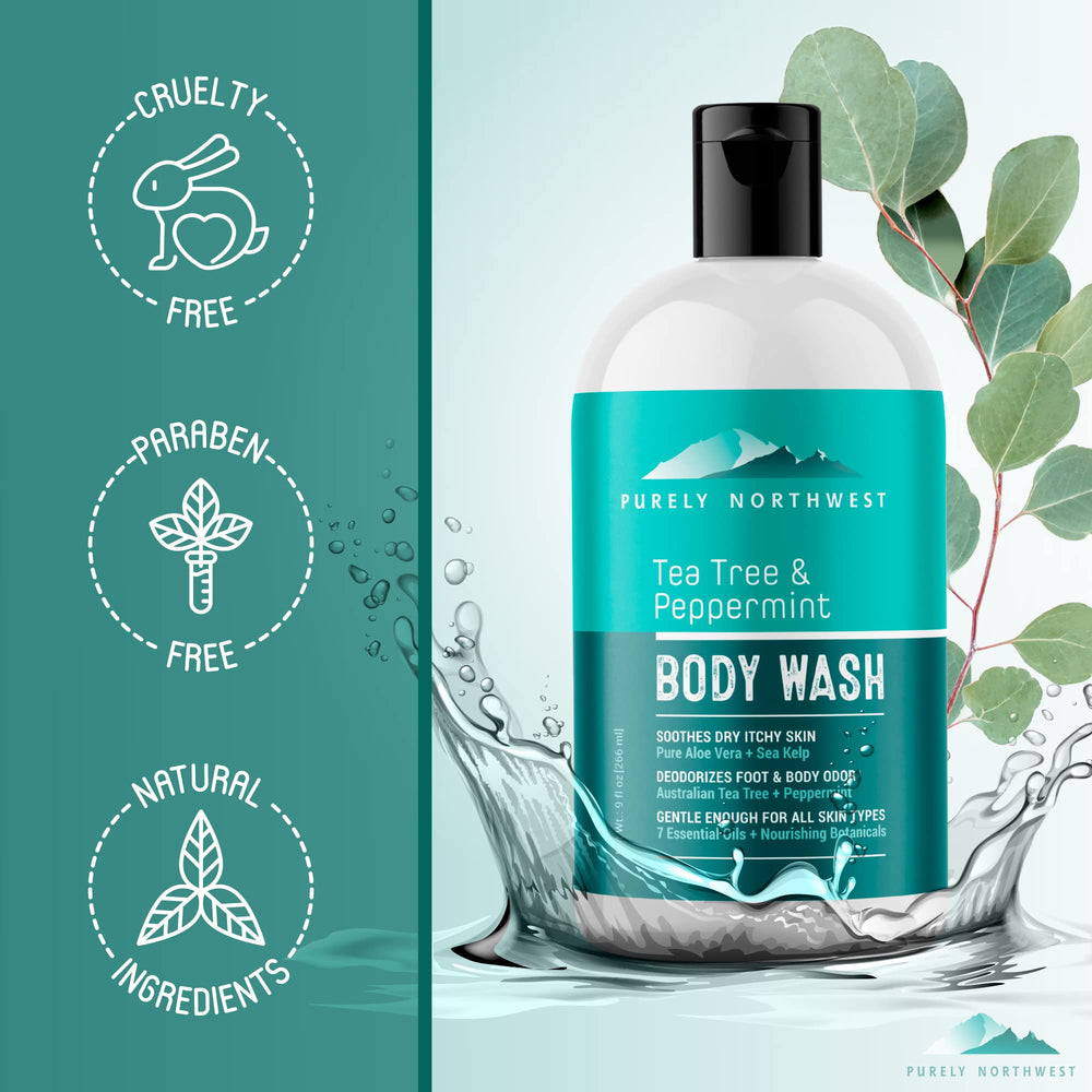 Purely Northwest Tea Tree Body Wash packaging on shelf evokes daily ritual.