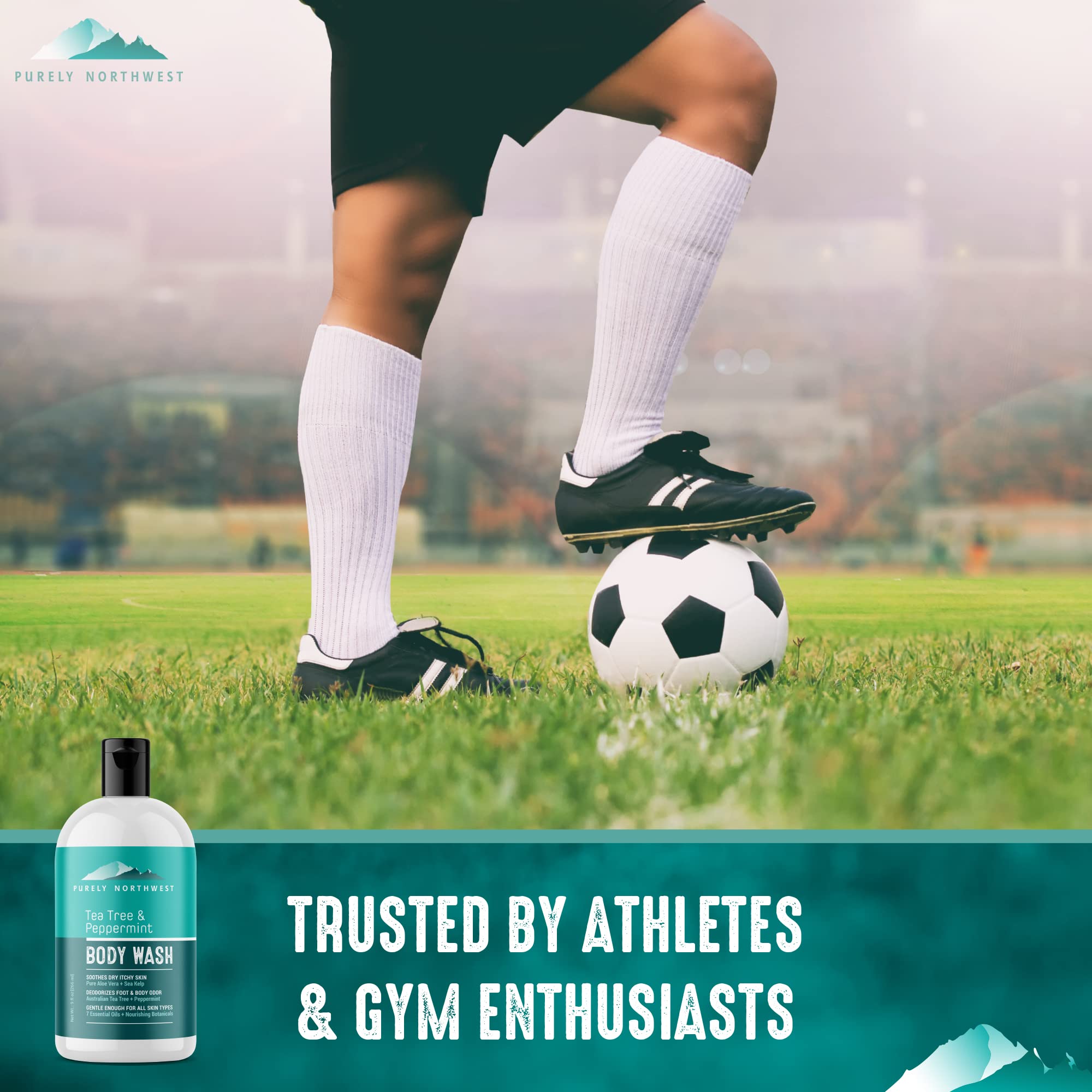 Purely Northwest Tea Tree Body Wash peppermint detail suggests cooling scent and freshness.