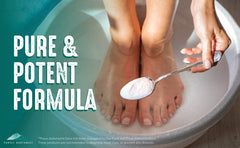 Soak scene in bathroom with bottle, promoting relaxing foot bath.