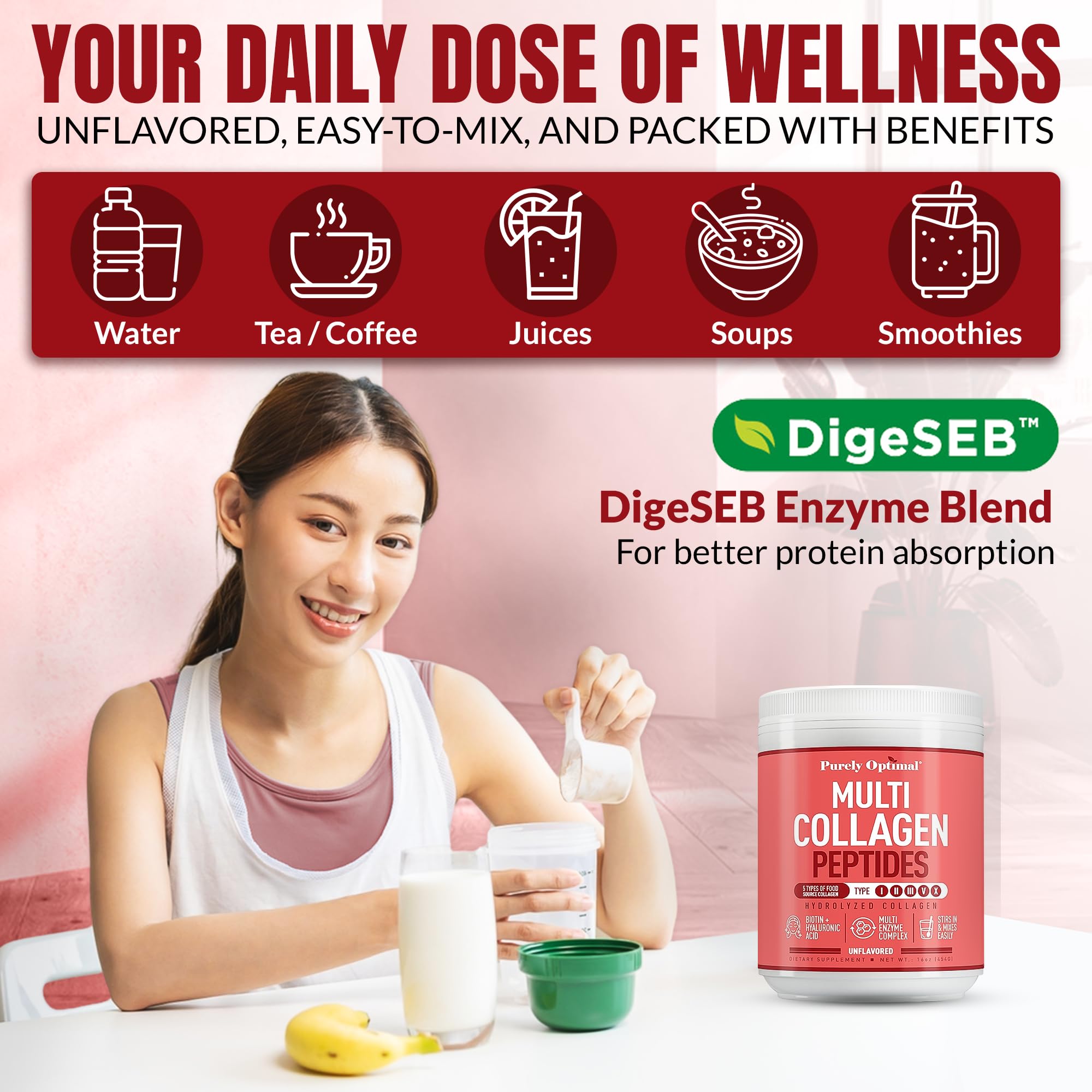 Bottle label highlights five collagen types and the enzyme blend