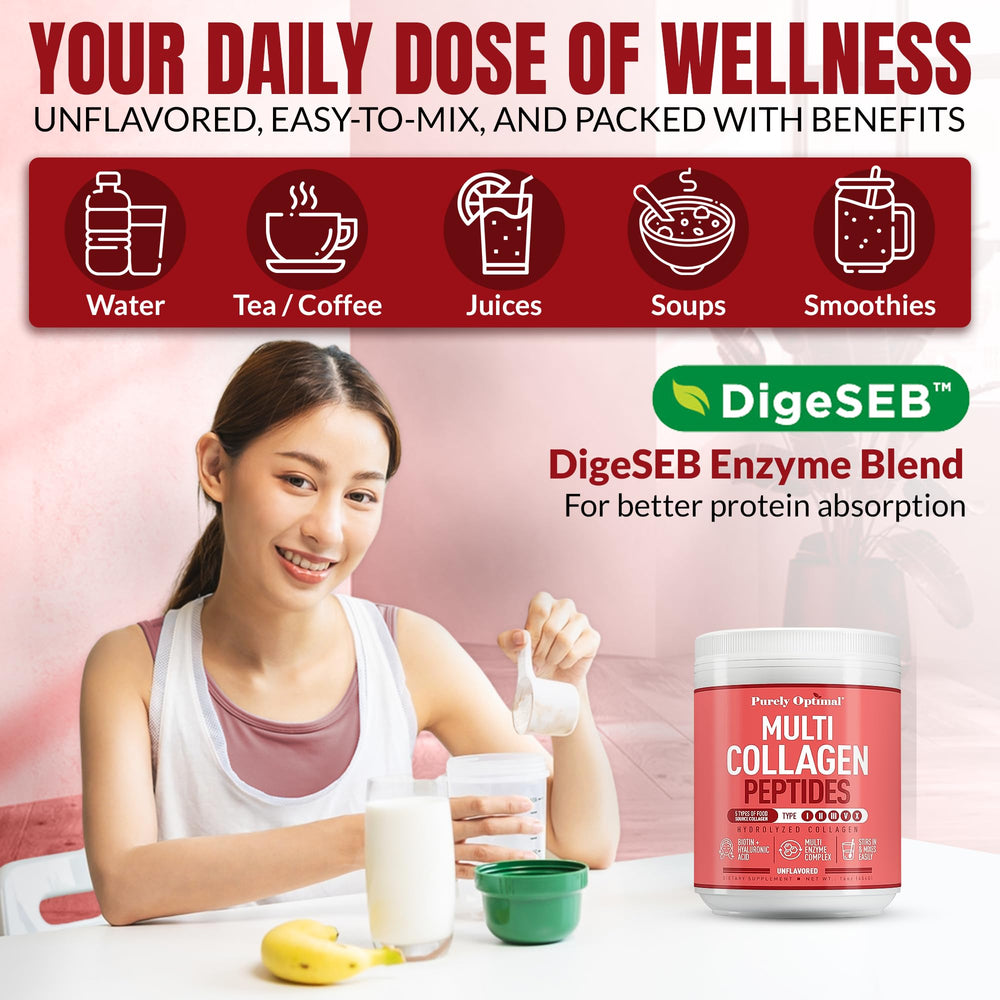 Bottle label highlights five collagen types and the enzyme blend