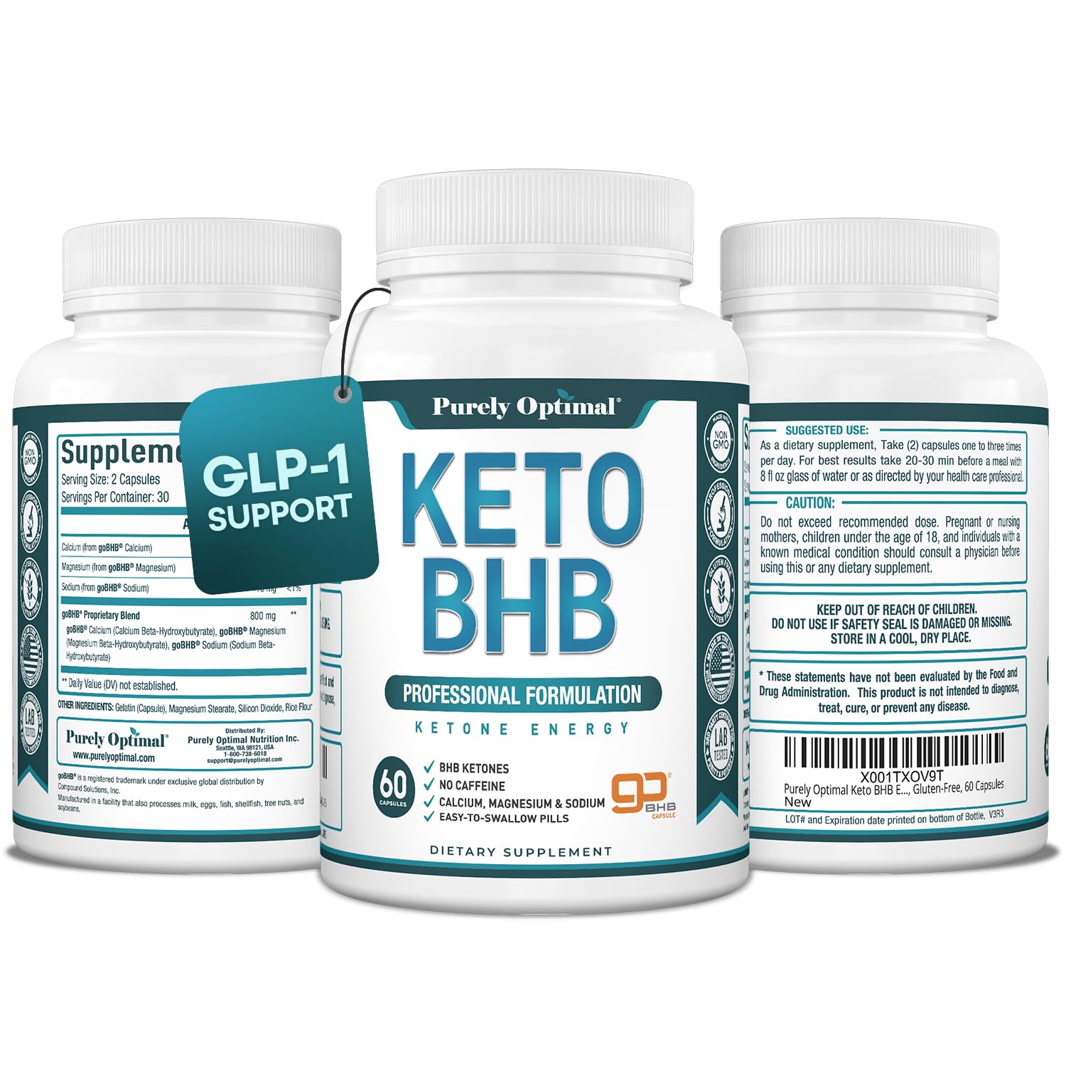 Purely Optimal Keto BHB capsules bottle on white background for ketosis support