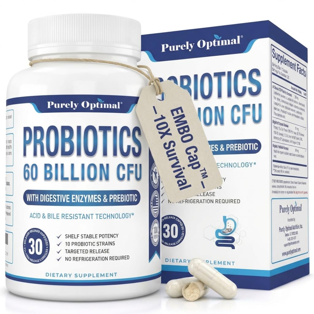 Purely Optimal Probiotics bottle front showing 60B CFU for daily gut health