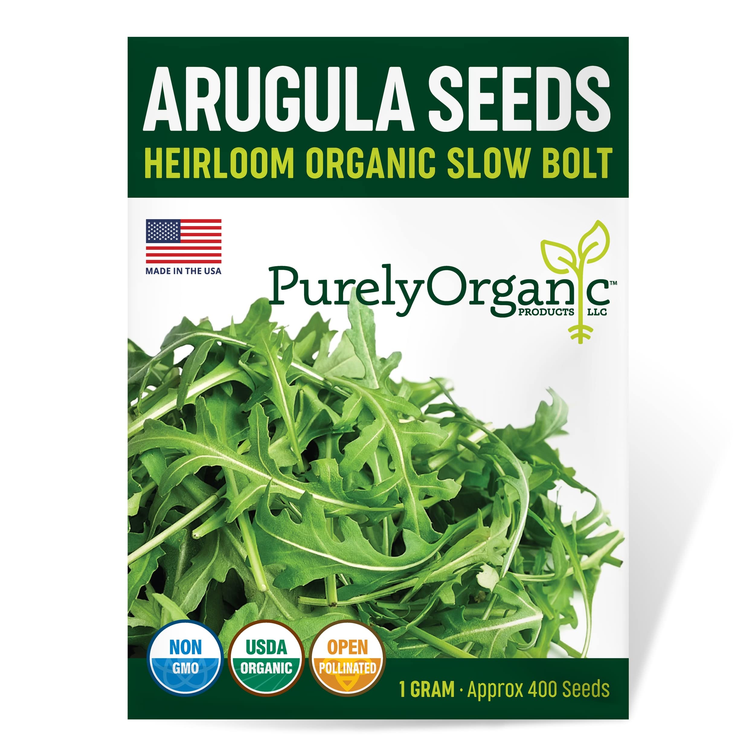 Purely Organic Arugula Seeds Slow Bolt packaging shows the heirloom variety for garden use