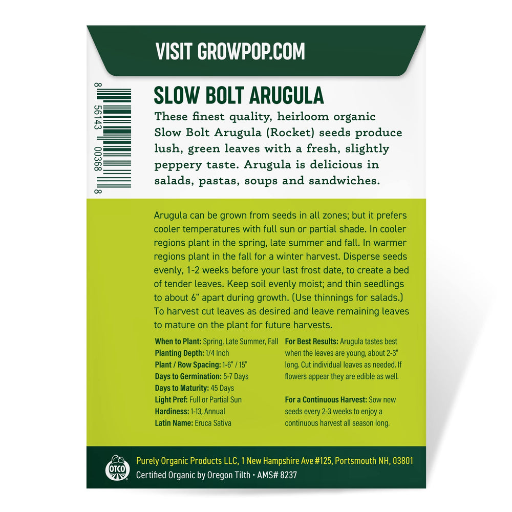 Plant spacing guidance for Purely Organic arugula seeds Slow Bolt in a garden bed