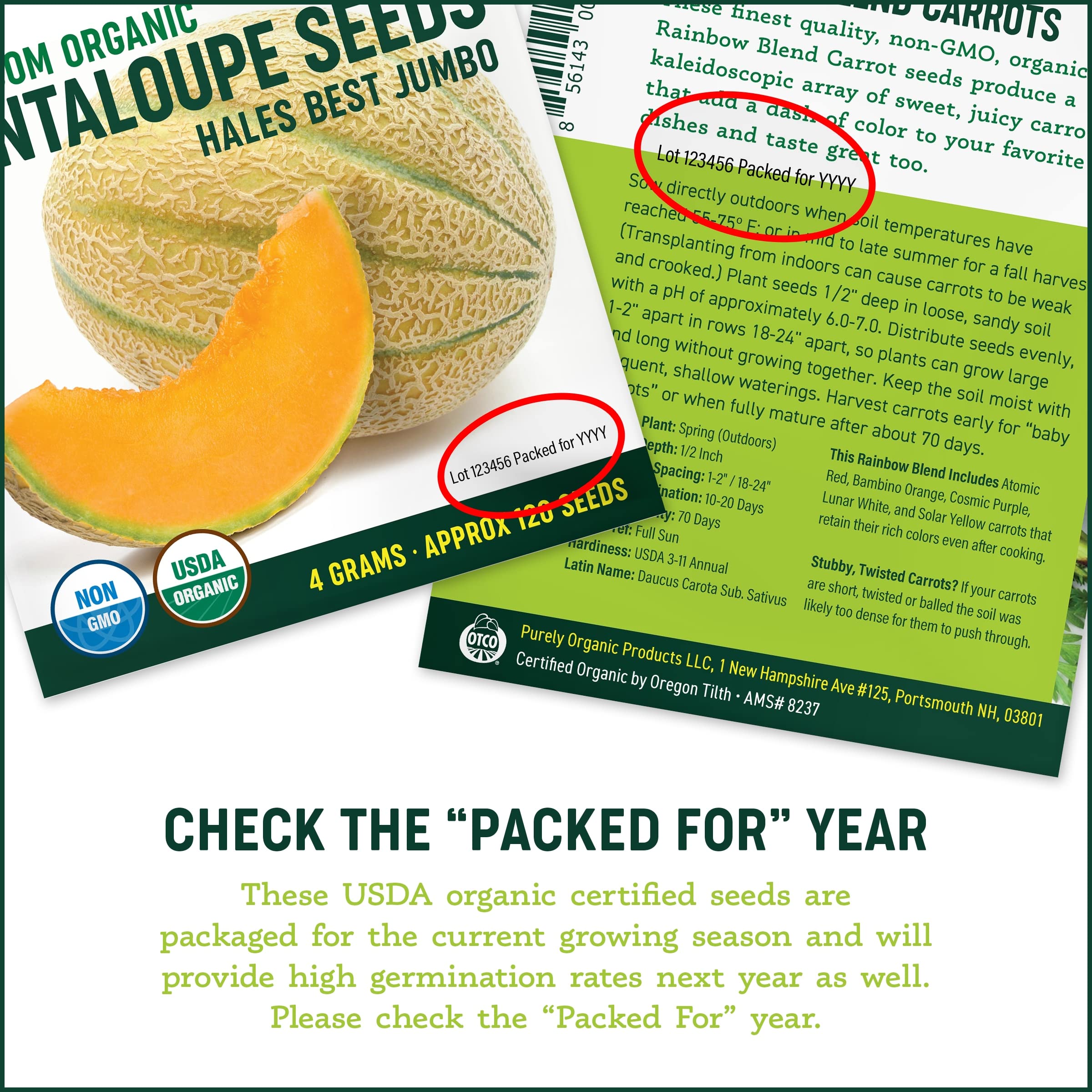Purely Organic Seeds seed packet with plant facts and USDA Organic seal