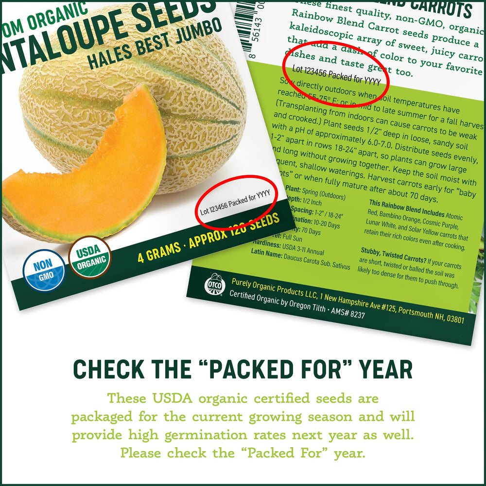Purely Organic Seeds seed packet with plant facts and USDA Organic seal