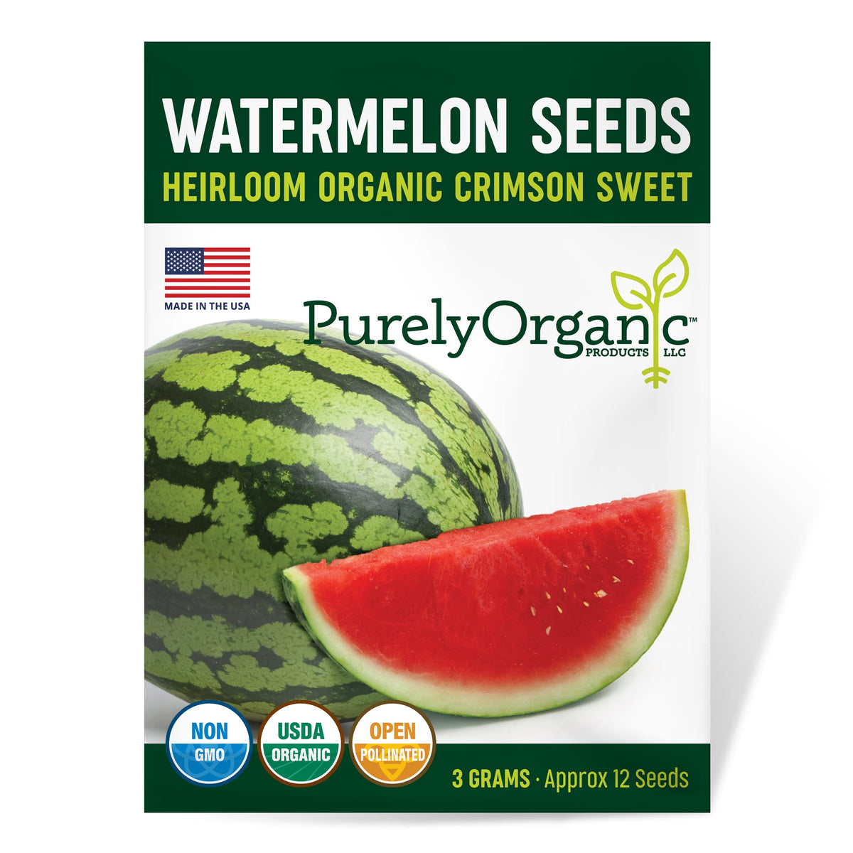 Purely Organic Watermelon Seeds Crimson Sweet packet ready for sowing.