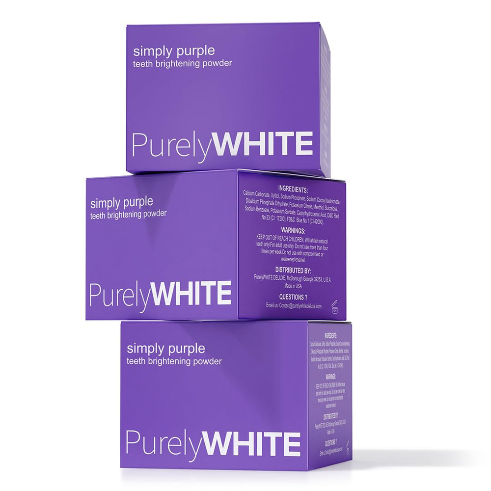 PurelyWHITE DELUXE Simply Purple Brightening Powder in use during daily brushing routine.