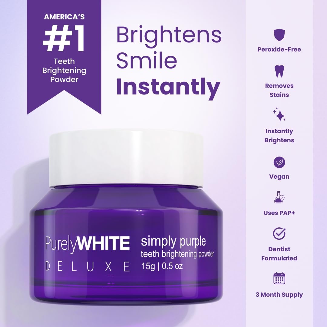 PurelyWHITE DELUXE Simply Purple Brightening Powder with brush dip demonstrates stain lifting.