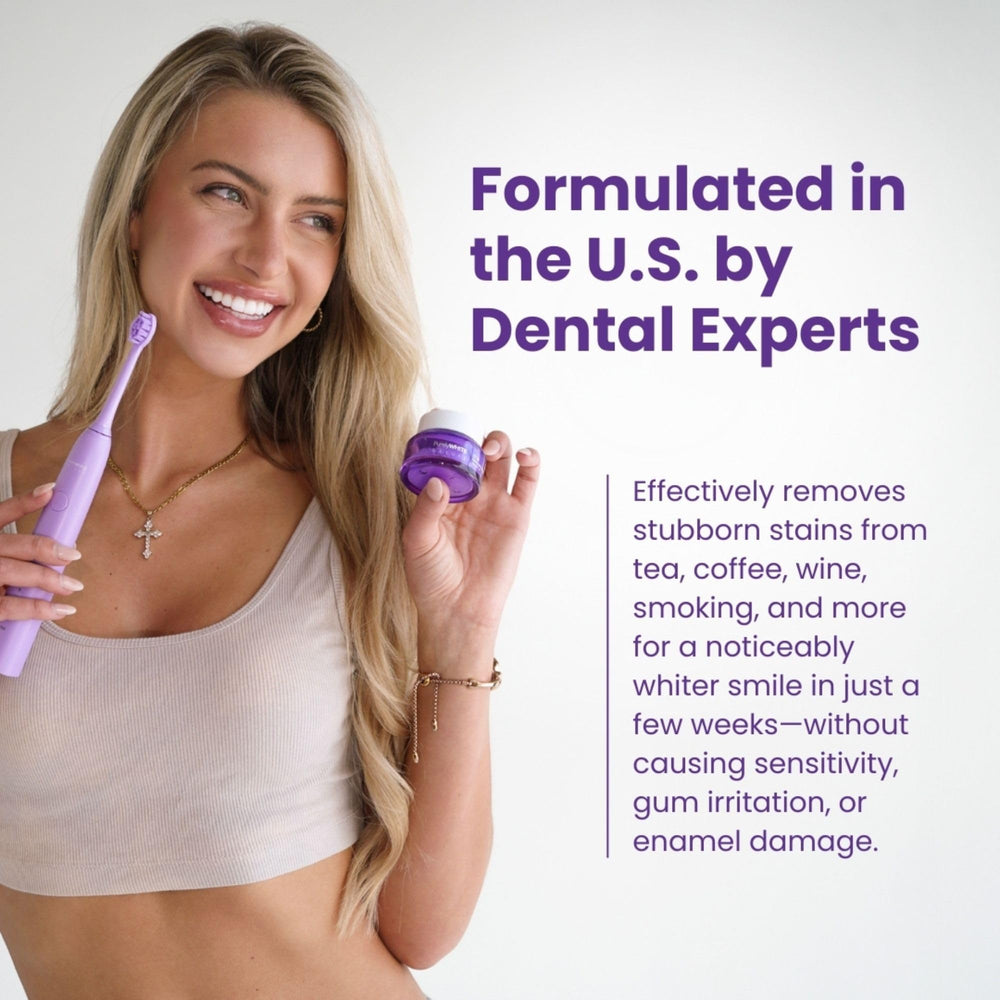 PurelyWHITE DELUXE Simply Purple Brightening Powder used with toothpaste for brighter results.