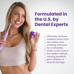 PurelyWHITE DELUXE Simply Purple Brightening Powder used with toothpaste for brighter results.