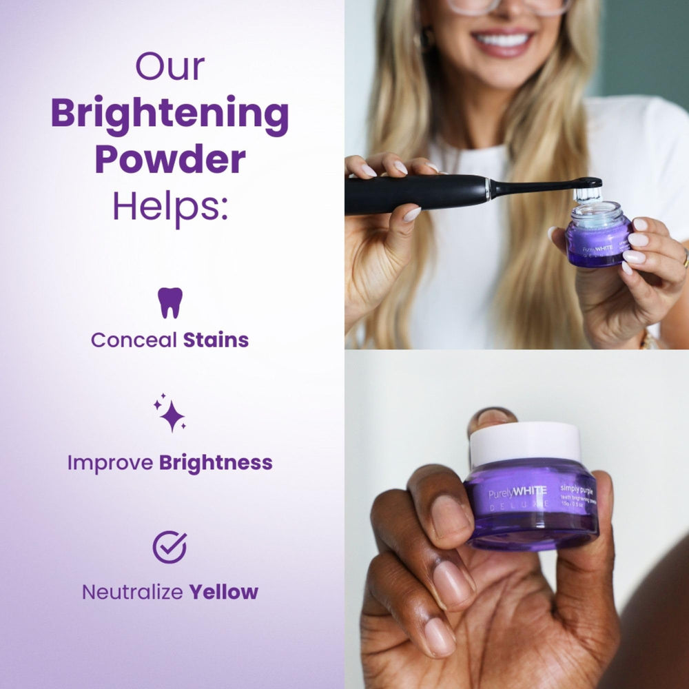 PurelyWHITE DELUXE Simply Purple Brightening Powder packaging closeup highlights premium branding.