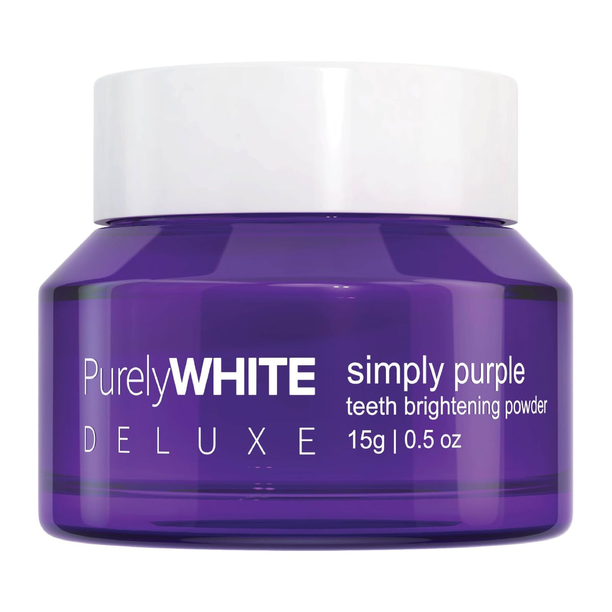 PurelyWHITE DELUXE Simply Purple Brightening Powder tube showcases enamel-safe formula.