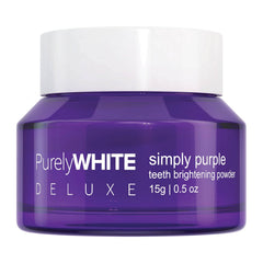 PurelyWHITE DELUXE Simply Purple Brightening Powder tube showcases enamel-safe formula.