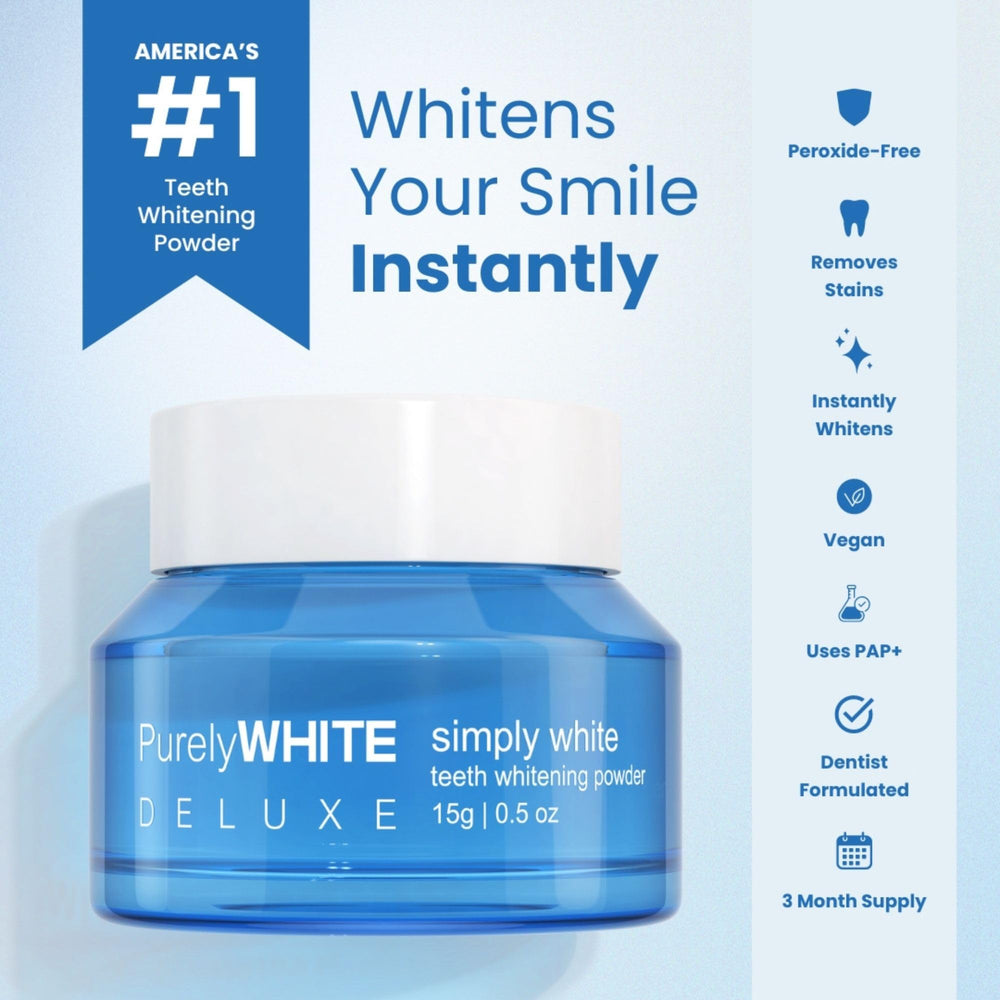 PurelyWHITE DELUXE teeth close-up with PAP powder for enamel-safe whitening.