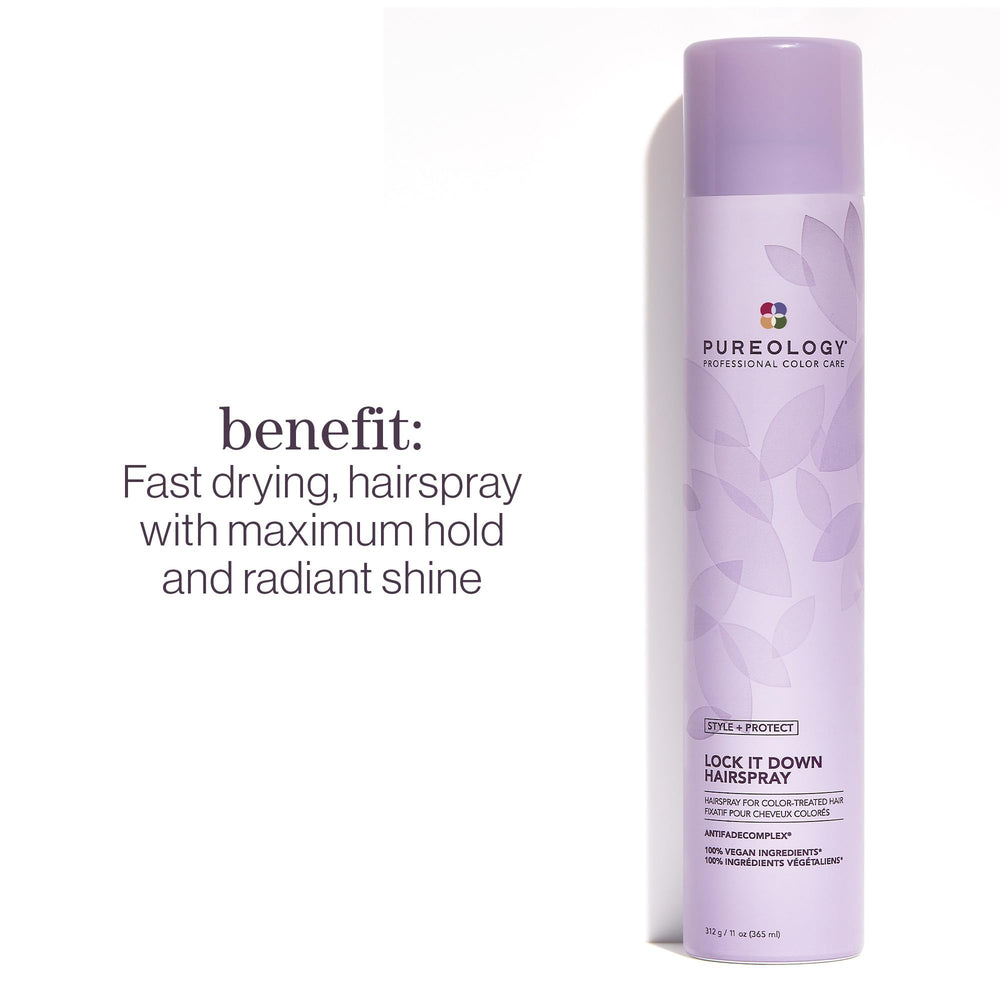 Pureology Lock It Down hairspray spray action demonstrating quick-dry application.