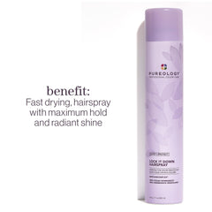 Pureology Lock It Down hairspray spray action demonstrating quick-dry application.