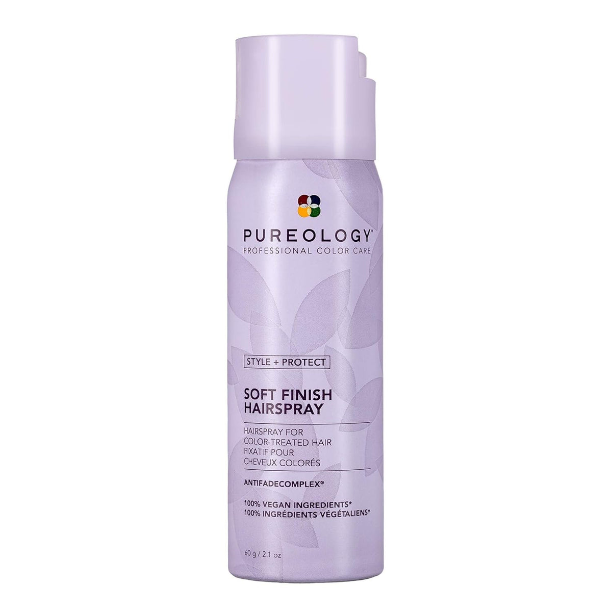 Pureology Soft Finish Hairspray bottle closeup shows silicone-free color-safe formula.