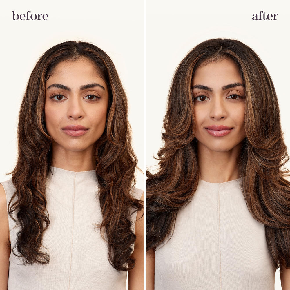 Pureology Soft Finish Hairspray model hair shows natural shine with flexible hold.