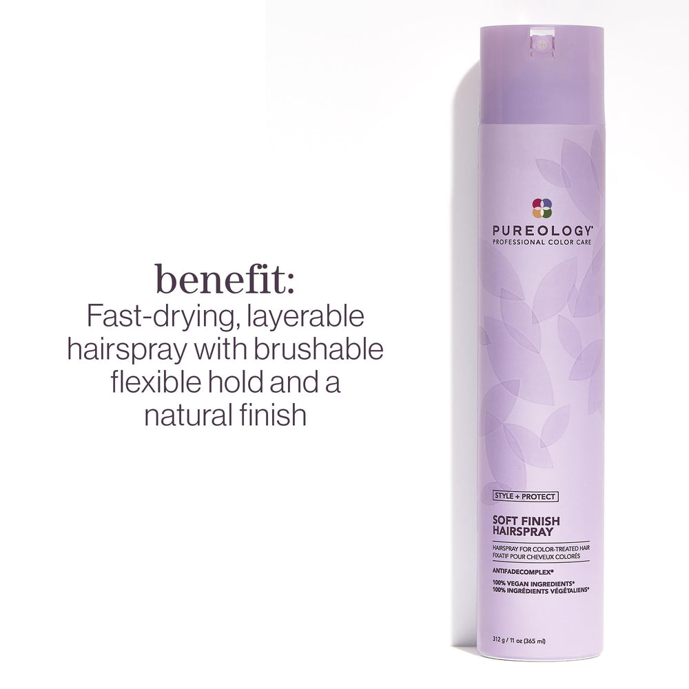 Pureology Soft Finish Hairspray spray action demonstrates fast-dry, brushable hold.