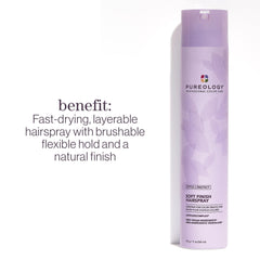 Pureology Soft Finish Hairspray spray action demonstrates fast-dry, brushable hold.
