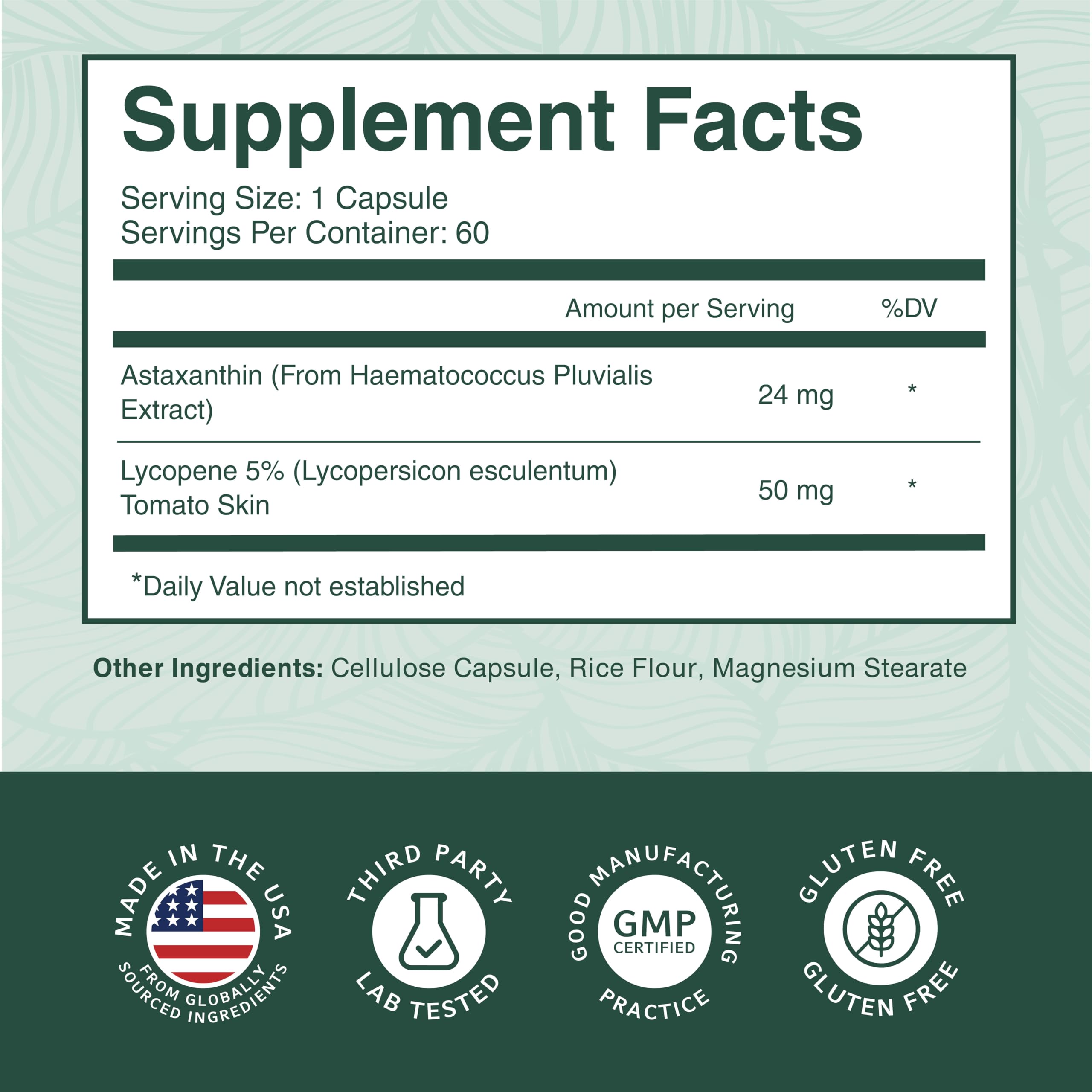 PurePremium ingredient icons for astaxanthin and lycopene emphasize carotenoid power.