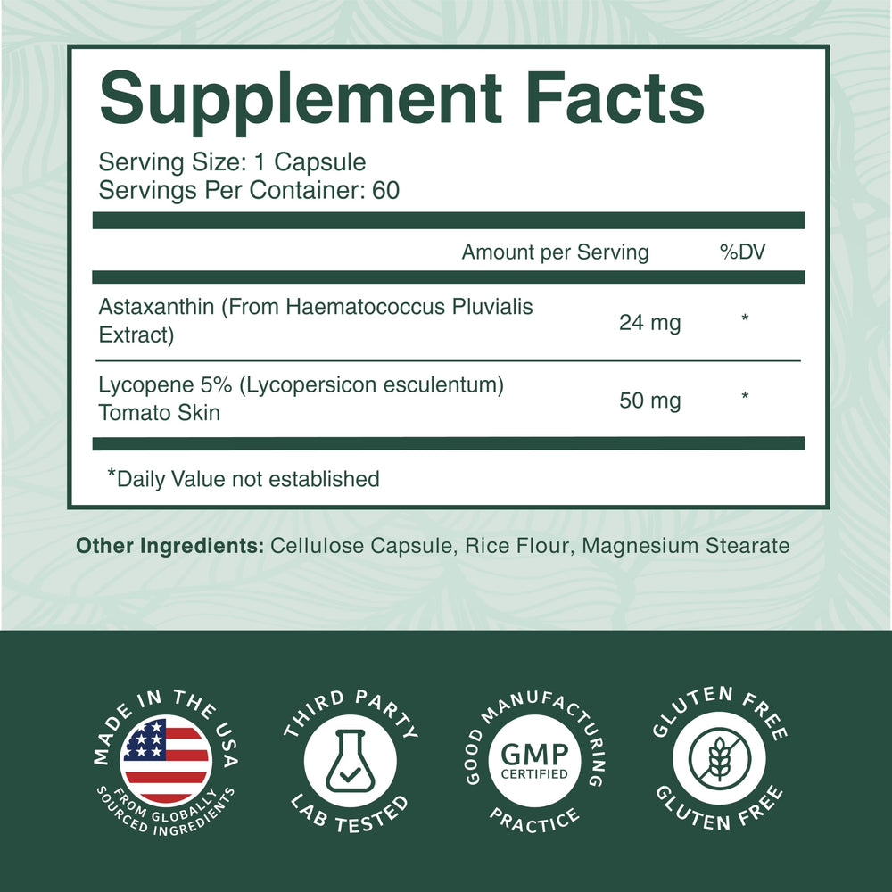 PurePremium ingredient icons for astaxanthin and lycopene emphasize carotenoid power.