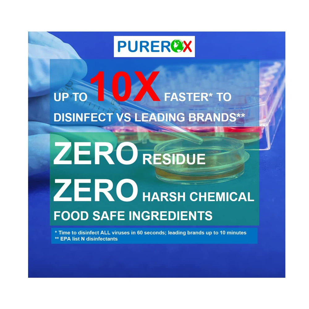 PUREROX disinfectant bottle pour spout demonstrated for quick one-step cleaning.