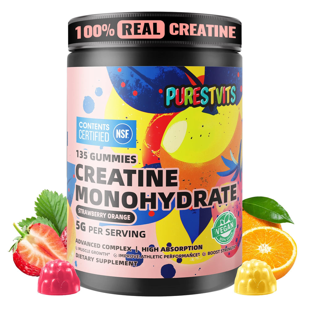 PURESTVITS Creatine Gummy jar showcases vegan, 5g per serving for training