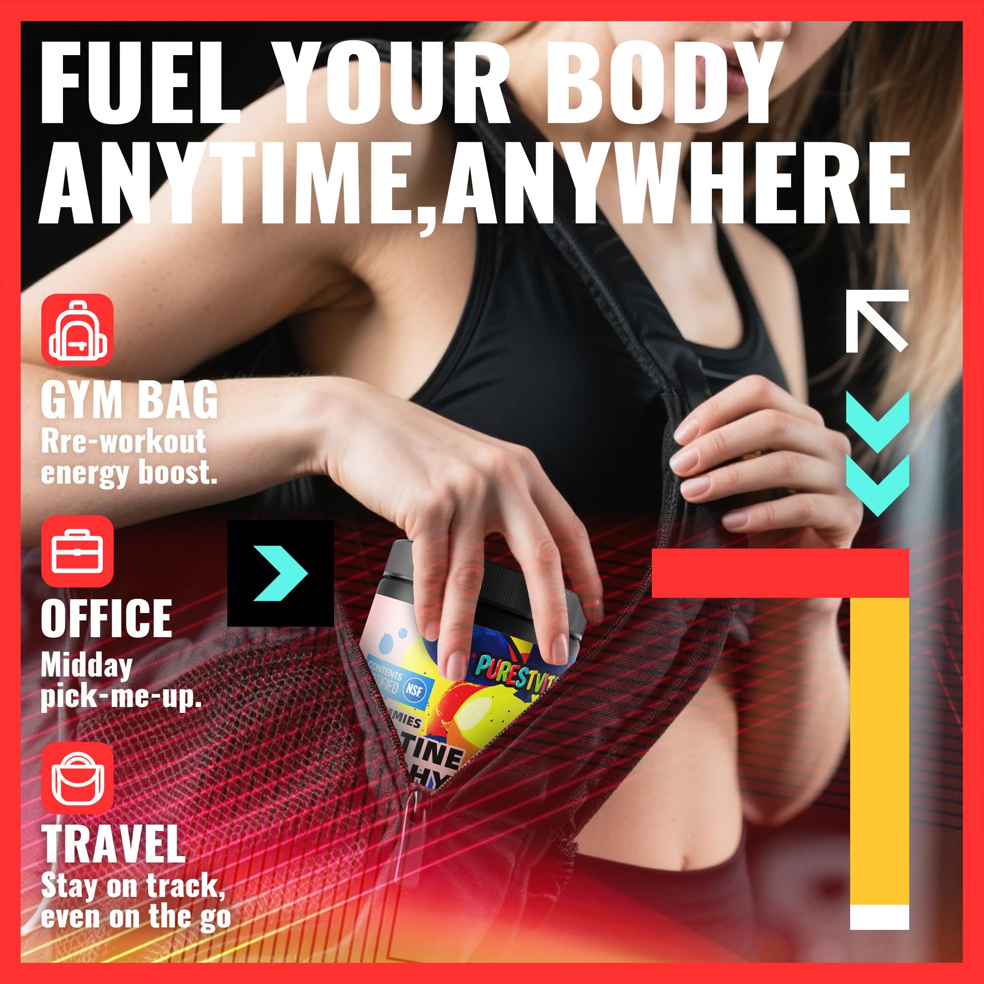 135-count PURESTVITS bottle beside gym gear for active users