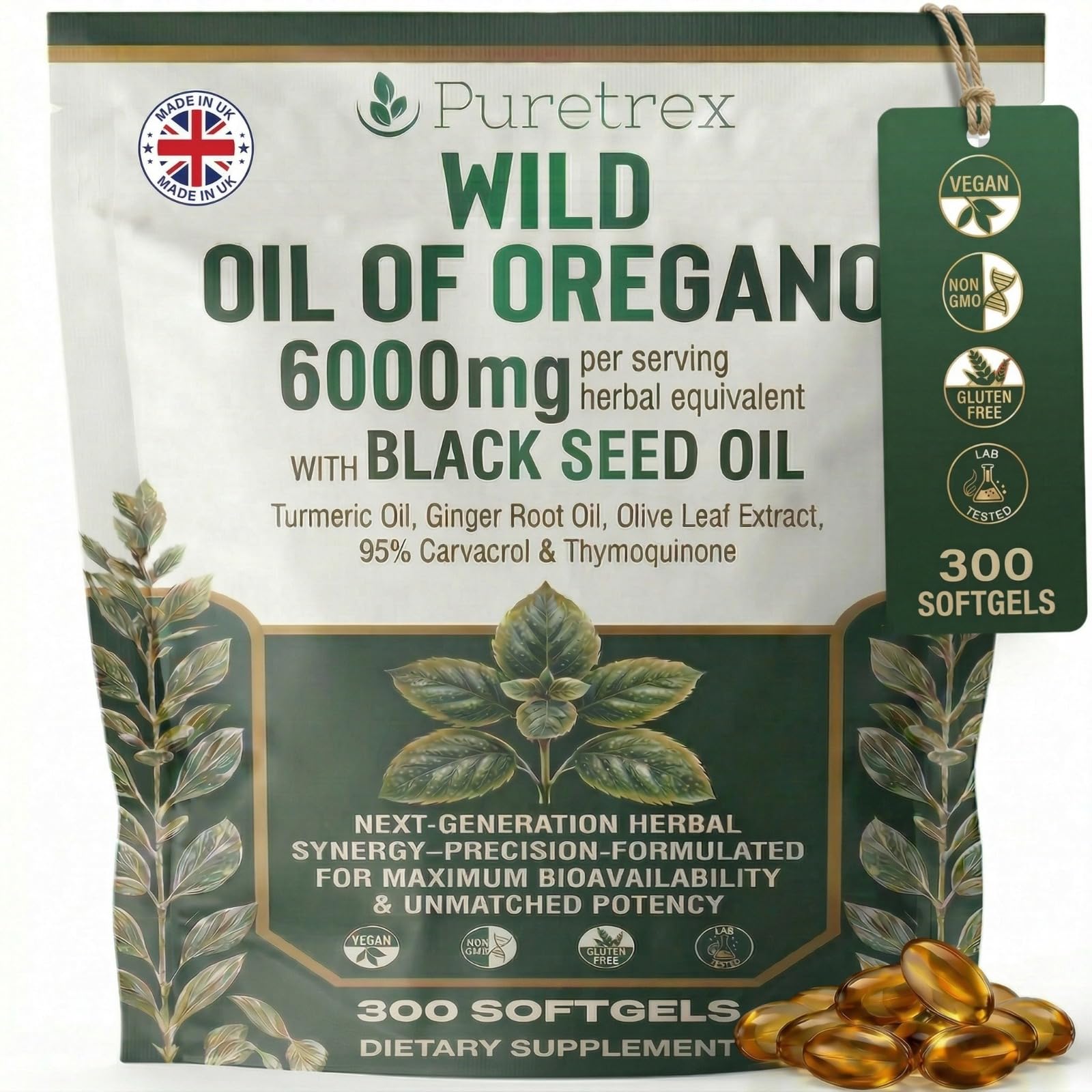 PURETREX Wild Oil of Oregano 6000mg bottle front showing label and immune-support potential