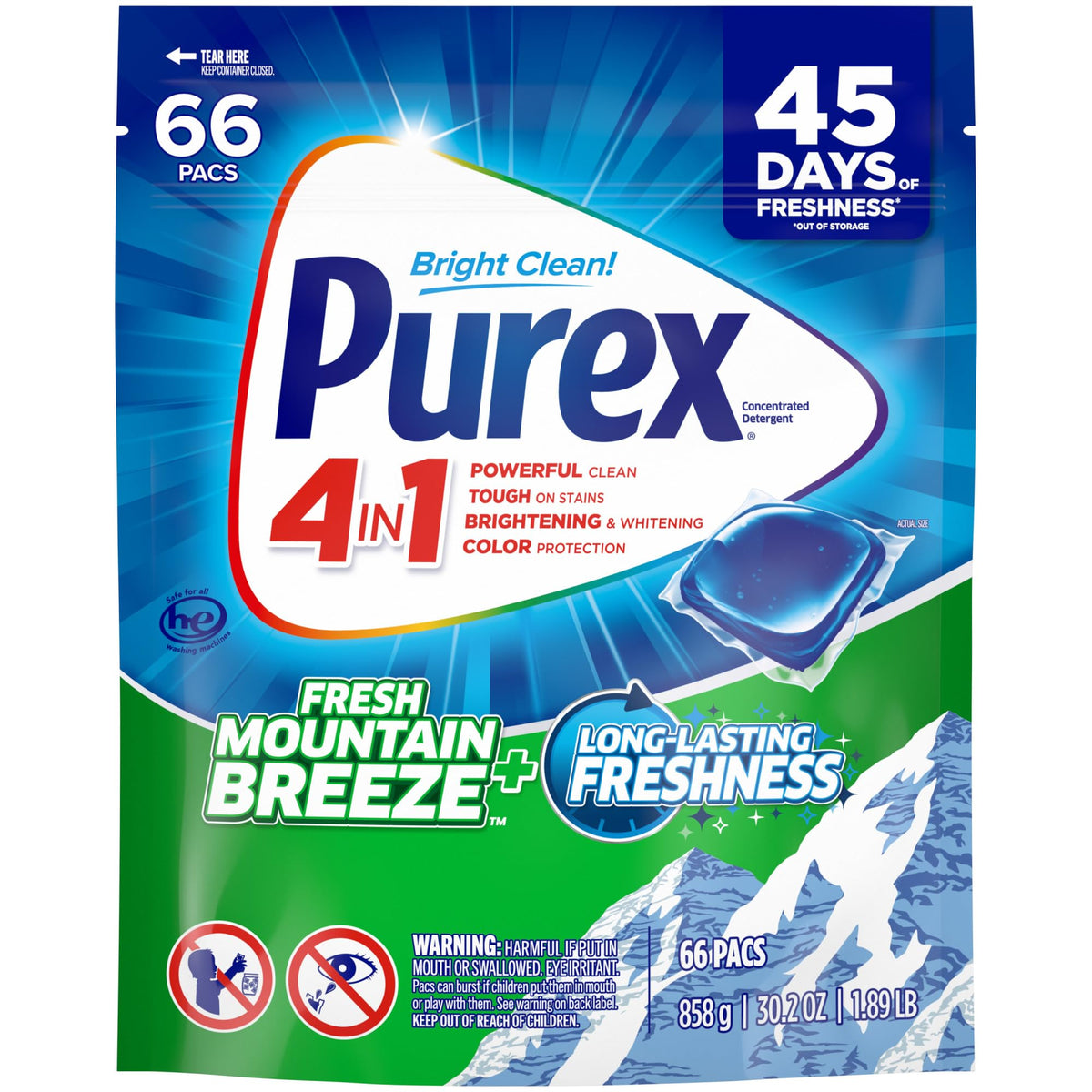Purex Fresh Mountain Breeze pacs front view, convenient pre-measured laundry solution