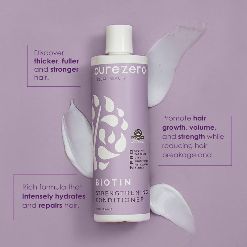 Purezero Biotin Shampoo label closeup highlights clean ingredients and benefits.