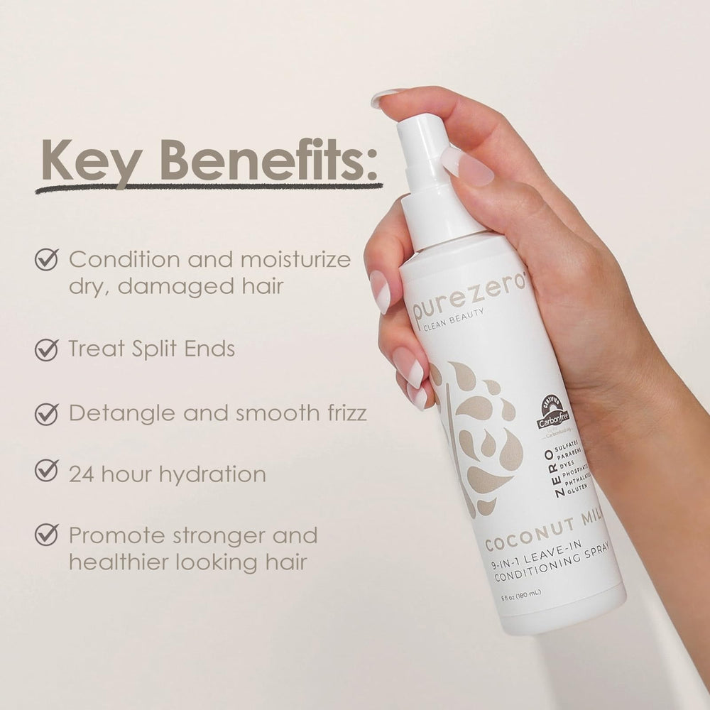 Purezero Coconut Milk 9-in-1 leave-in with heat protection for styling.